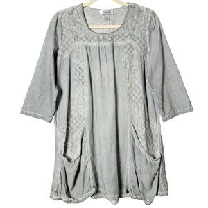 VTG Anis A Aria A Womens Gray Textured Lagenlook Boho Pockets Tunic Top Large